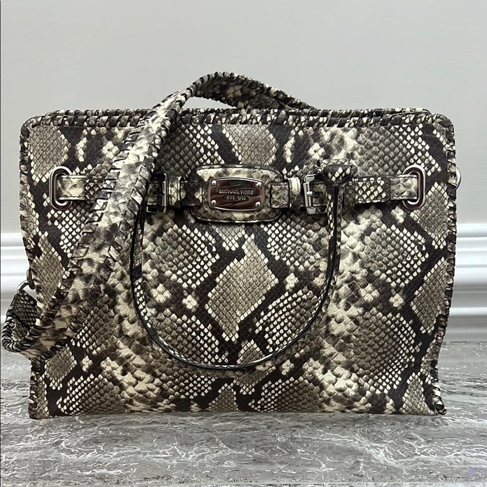 Michael Kors Snake-Print Satchel in Black, Cream, Brown